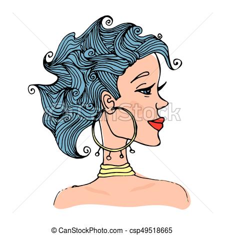 450x470 Portrait Of Woman With Curly Hair In Profile. Vector Illustration