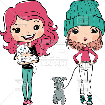 400x400 Cute Girls With Dog And Cat Royalty Free Vector Clip Art Image