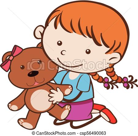 450x445 Cute Girl Hugging Brown Teddybear Illustration Clip Art Vector