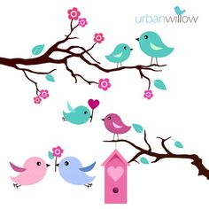 236x236 Baby Birds Digital Clip Art Set, Cute Love Birds On Tree Branch