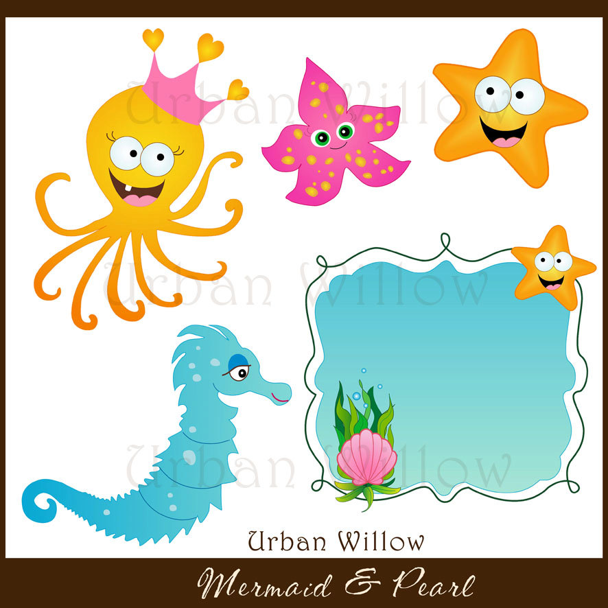 886x886 Mermaid Clipart, Seahorse Digital Clipart, Graphics Starfish, Cute