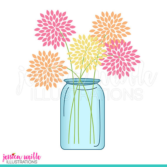 570x570 Mason Jar Of Flowers Cute Digital Clipart, Cute Flowers Clip Art