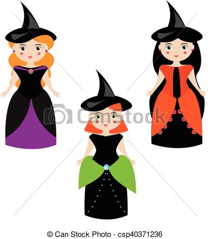 414x470 Cartoon Cute Witches Characters In Dresses And Hats. Girls