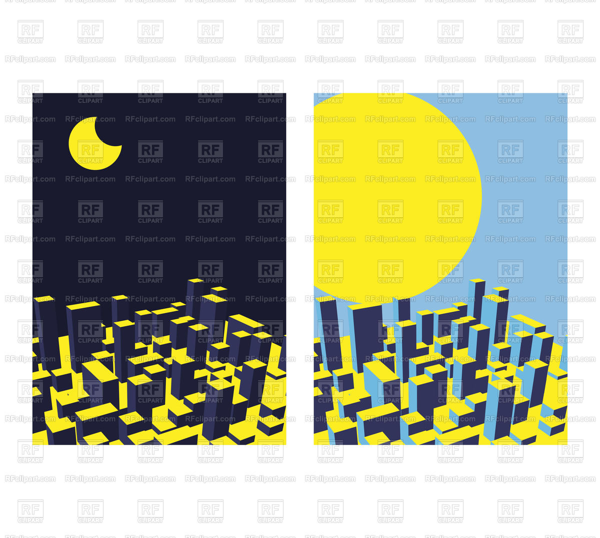 1200x1077 Skyline City. Night And Day. Abstract Town. Royalty Free Vector