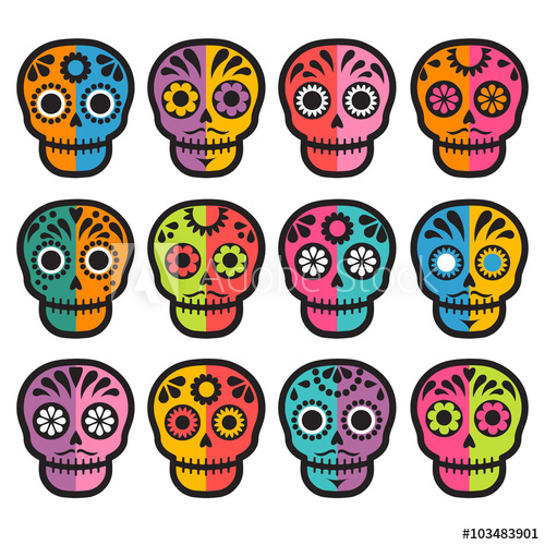 500x500 Colorful Patterned Skull Set, Mexican Day Of The Dead Stickers