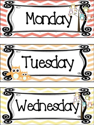 300x400 Owl Themed Printable Days Of The Week Classroom Bulletin Board Set.