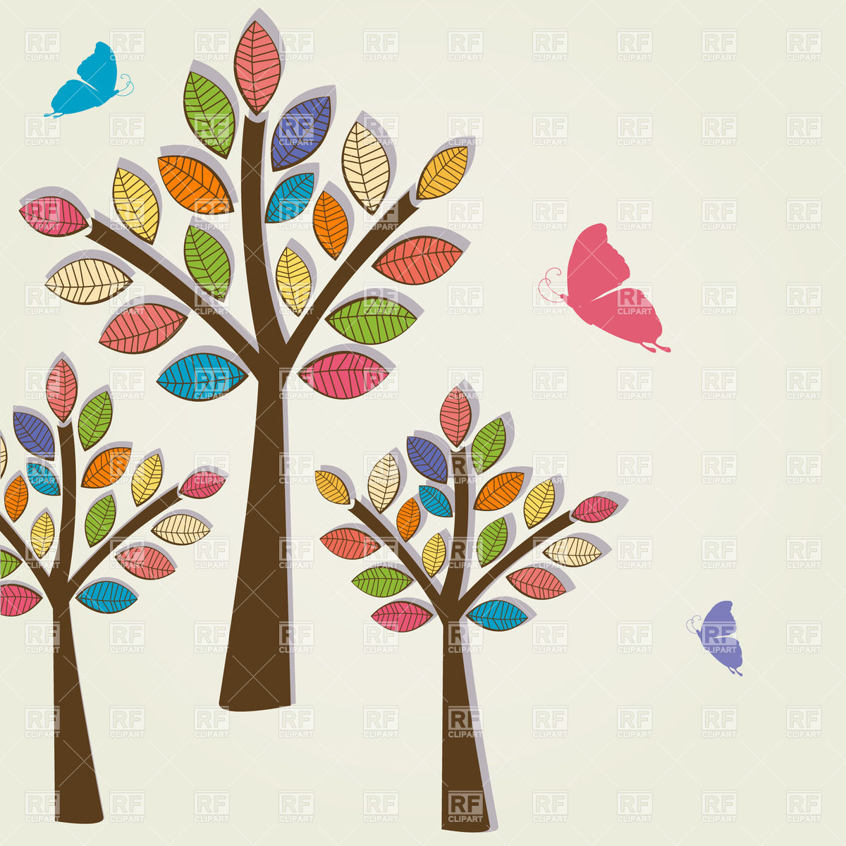 1200x1200 Three Trees With Colorful Foliage And Three Butterflies Royalty