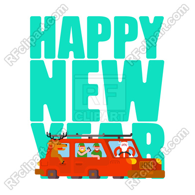 400x400 Santa Claus, Deer And Elf In Car Royalty Free Vector Clip Art