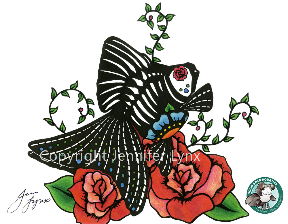 1000x778 Ryukin Amp Roses Dia De Los Muertos Style Goldfish Art Print