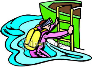 300x219 Scuba Diver Climbing Into A Boat Royalty Free Clipart Picture