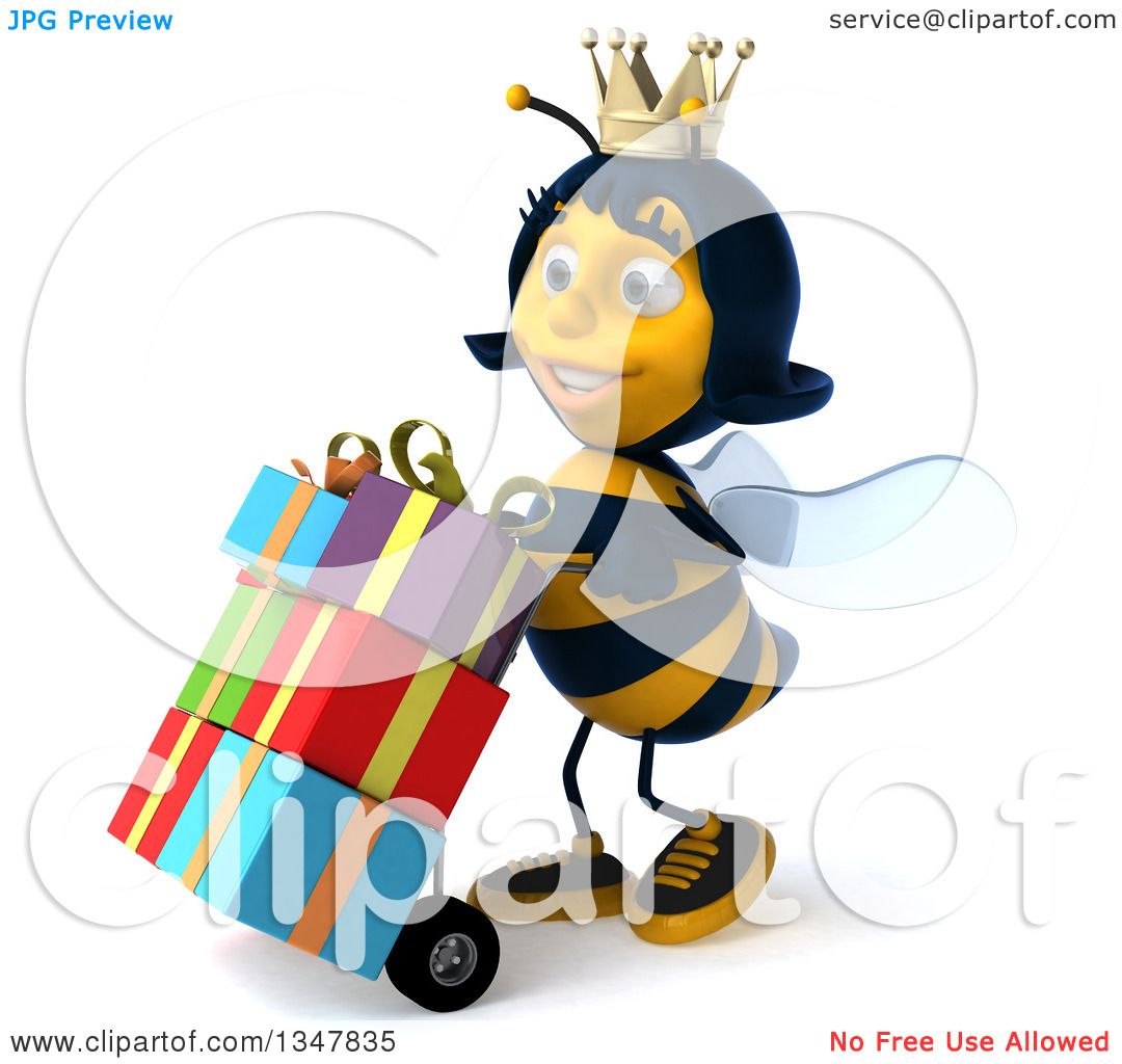 1080x1024 Clipart Of A 3d Happy Queen Bee Moving Gifts On A Dolly Slightly