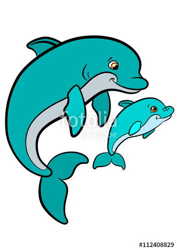 354x500 Cartoon Animals For Kids. Mother Dolphin Swims With Her Little