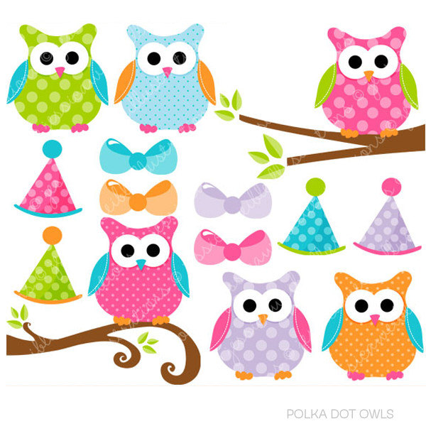 600x600 Polka Dot Owls Cute Digital Clipart, Commercial Use Clip Art, Cute