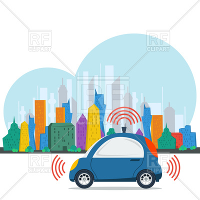 400x400 Blue Self Driving Car On Colored Megalopolis Royalty Free Vector