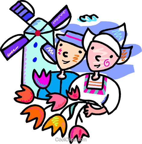 472x480 Dutch Scene With Tulips And Windmill Royalty Free Vector Clip Art