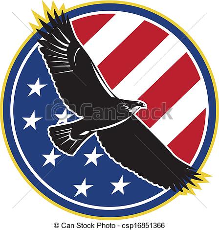 448x470 American Eagle Flying Usa Flag Retro. Illustration Of A Bald