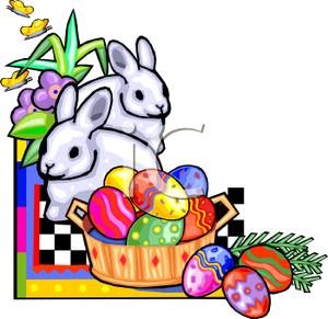 300x291 Clip Art Image Two White Easter Bunnies And A Basket Of Easter Eggs