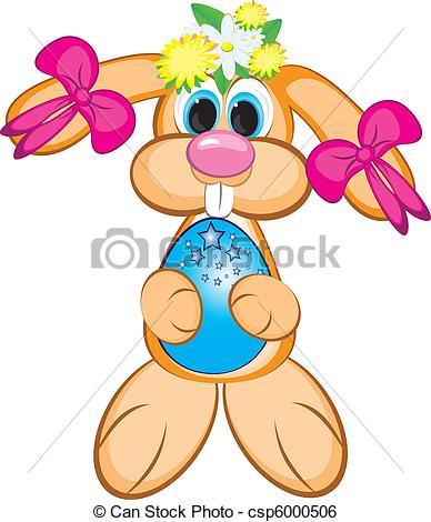 388x470 Easter Bunny Girl With Colored Egg. Easter Card On White Clip Art