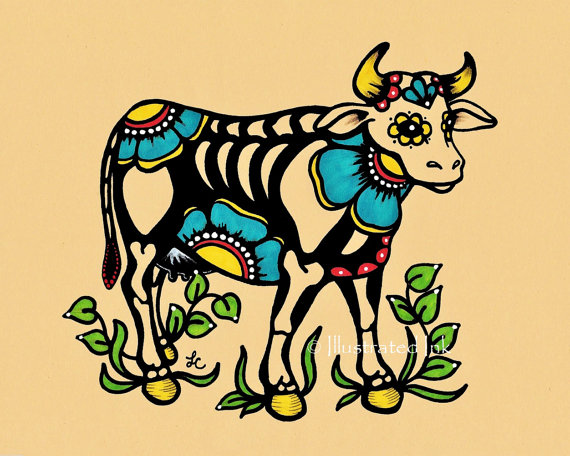 570x456 Day Of The Dead Cow Skeleton Dia De Los Muertos Art Print 5 X