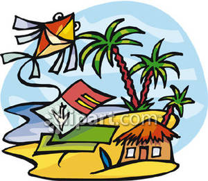 300x261 Elaborate Kite Flying Over A Hut On A Tropical Beach
