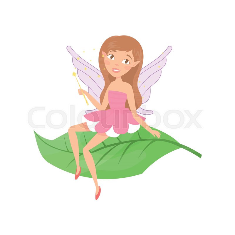 800x800 Cute Forest Fairy Sitting On Green Leaf. Adorable Girl With Cute