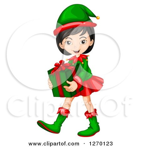 450x470 Clipart Of An Asian Christmas Elf Girl Carring A Gift