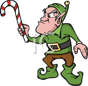 300x293 An Older Elf Holding A Candy Cane Clip Art Image