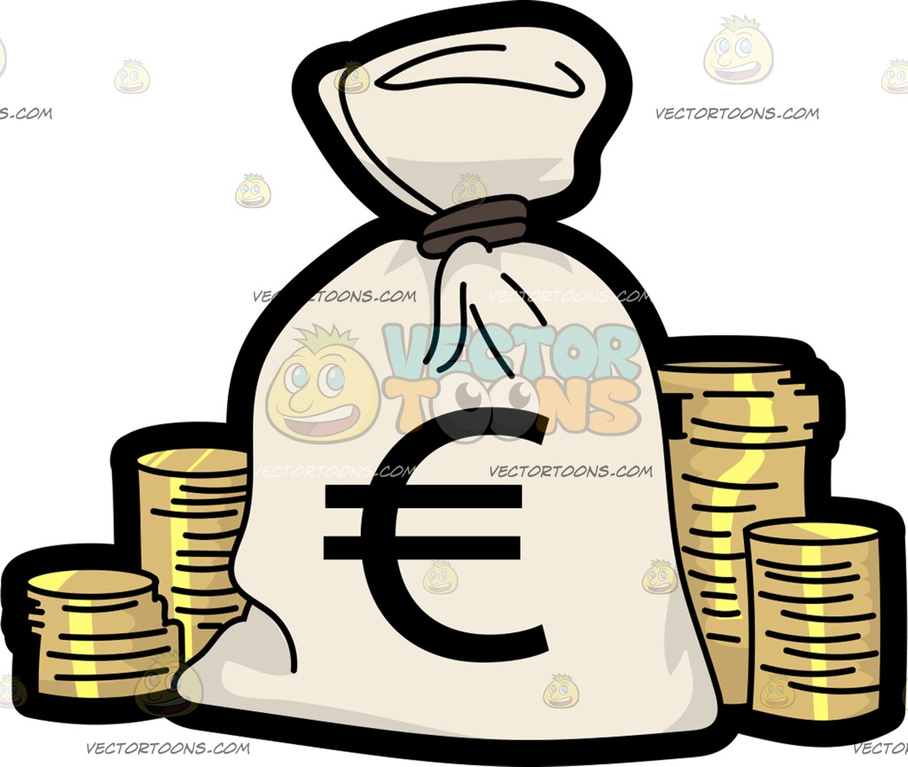 1024x865 A Bag Of Euros Surrounded With Gold Coins Cartoon Clipart Vector