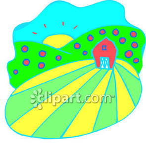 295x300 A Farm Scene With A Field, Hills And A Barn Royalty Free Clipart