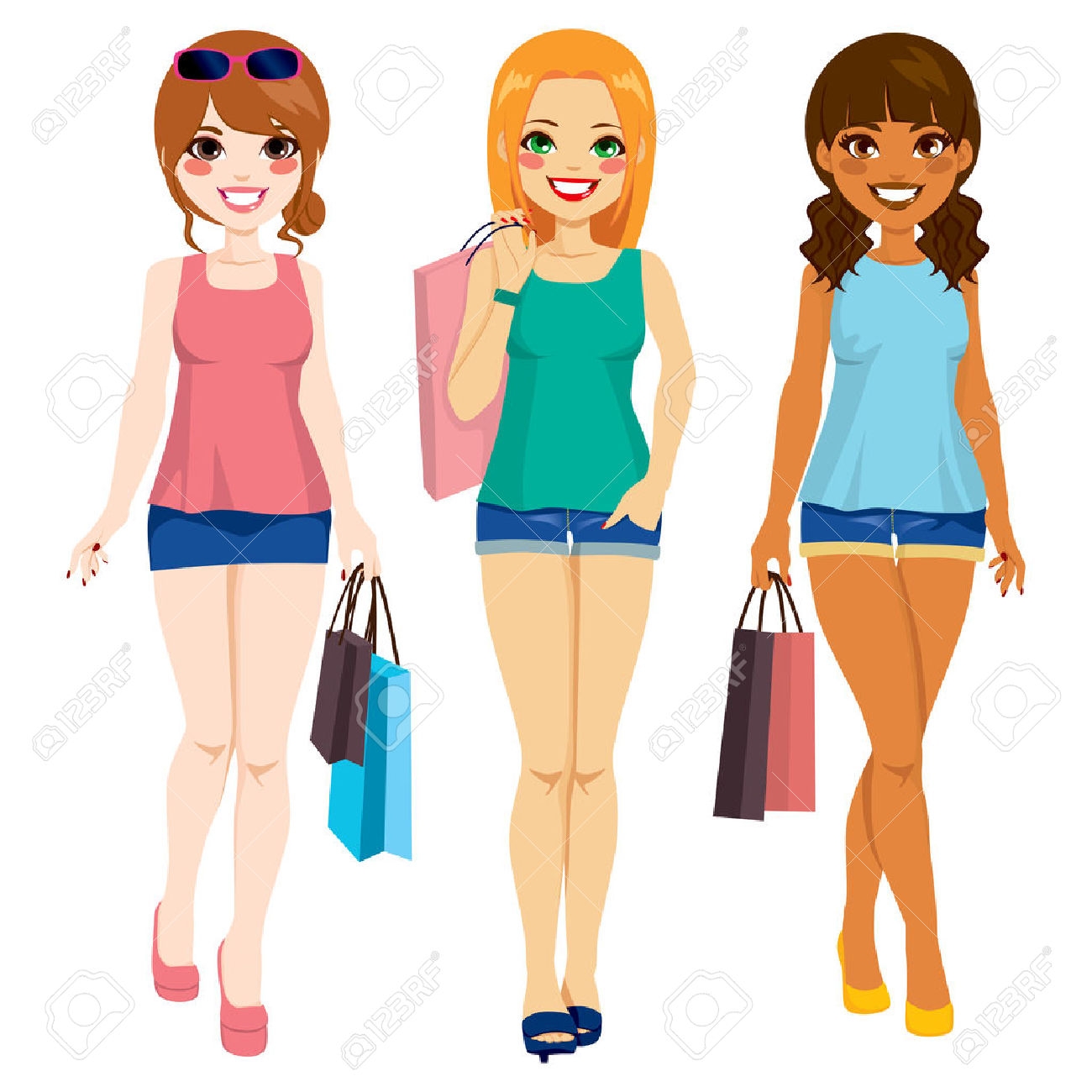1300x1300 Clip Art Three Beautiful Fashion Girls Shopping Carrying Big Bags