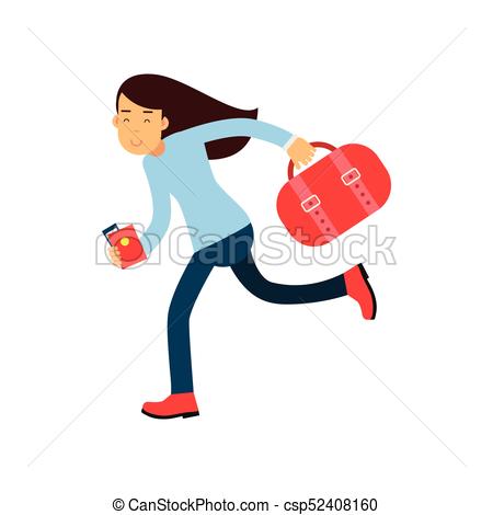 450x470 Cartoon Girl Character Running Fast To Airport With Luggage