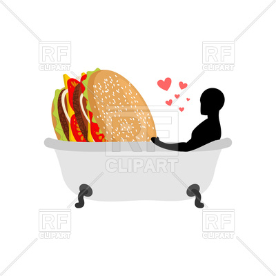 400x400 Fast Food Lover. Man And Hamburger In Bath. Royalty Free Vector