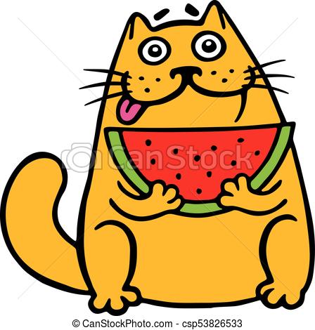 448x470 Cute Fat Cat Eats Watermelon Cat. Funny Cartoon Cool Vectors