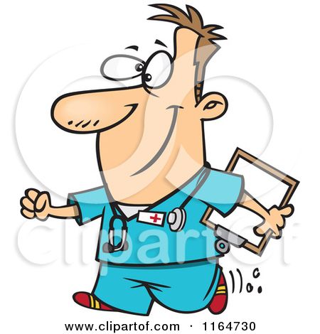 450x470 Cartoon Of A Happy Male Nurse Carrying A Clipboard