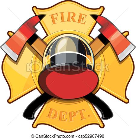 450x458 Fire Department Badge With Crossed Axes, Fire Helmet Against