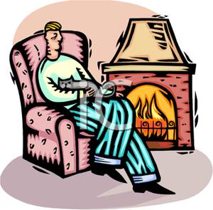 300x295 Clip Art Image A Man And His Cat Curled Up In An Arm Chair By
