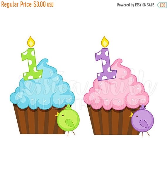 570x604 On Sale First Birthday Cupcake Cute Digital Clipart, First
