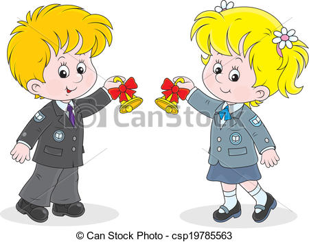 450x353 First Day Of School. Schoolgirl And Schoolboy Ringing The Clip