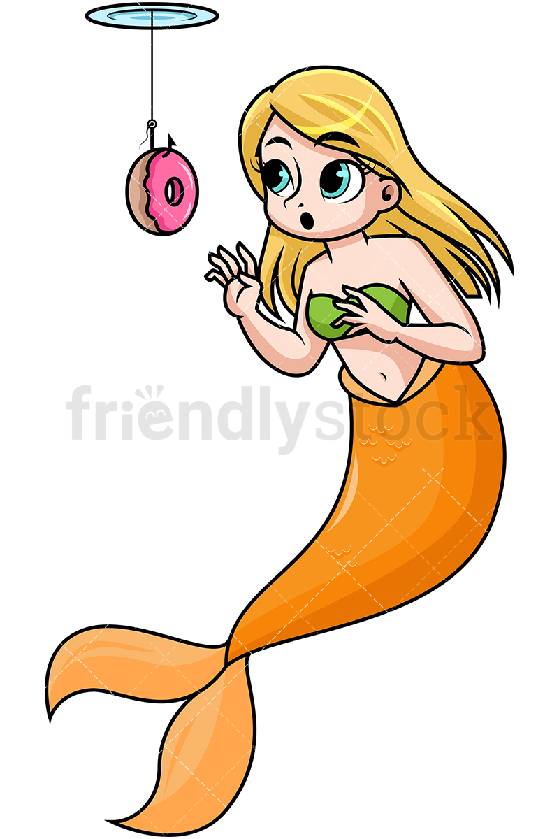 800x1200 Mermaid Lured To Donut On Fish Hook Cartoon Vector Clipart