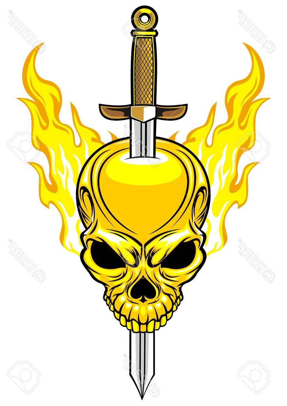 918x1300 Hd Flaming Skull With Sword Stabbed In The Head Drawing