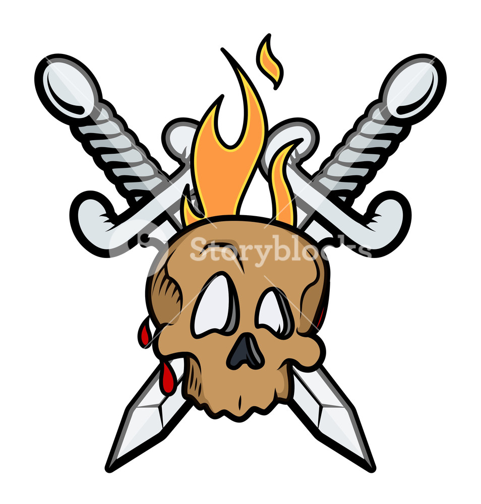 954x1000 Skull Tattoo With Crossed Swords And Flame Vector Illustration