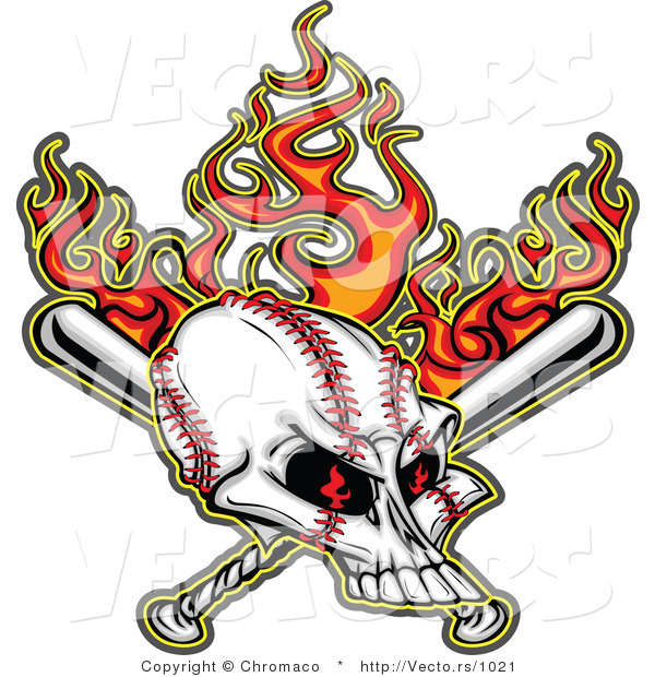 600x620 Vector Of Flaming Baseball Skull Over Crossed Bats In