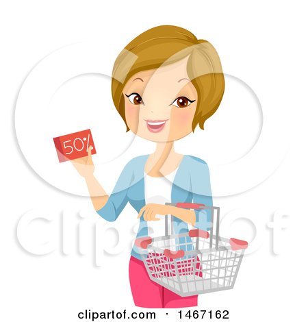 450x470 Clipart Of A Happy Woman Holding A Half Off Coupon And Shopping