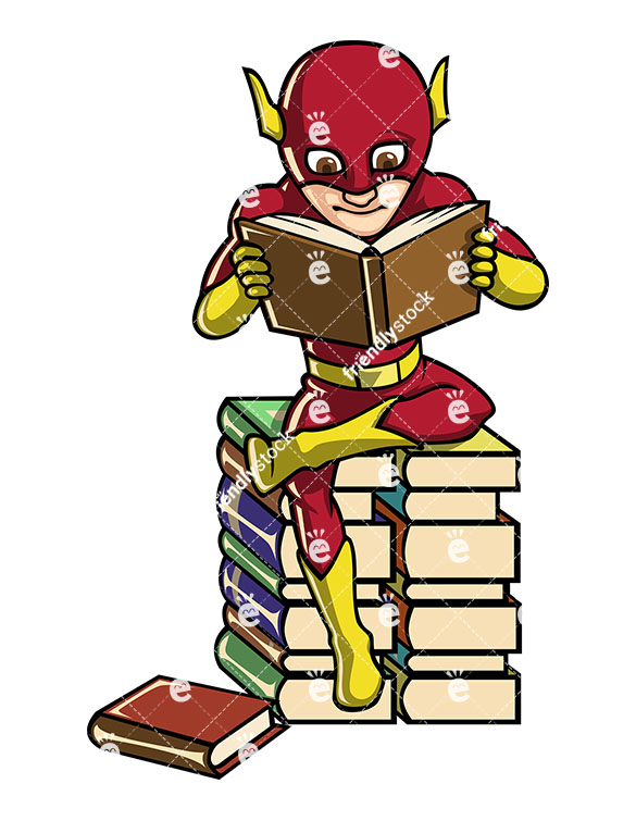 585x755 Book Lover Superhero Sitting On Pile Of Books Cartoon Clipart