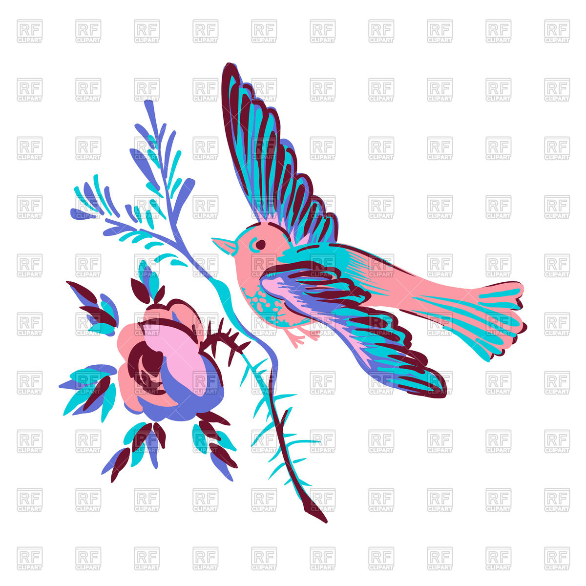1200x1200 Bird Flying On Branch Flower Rose Royalty Free Vector Clip Art