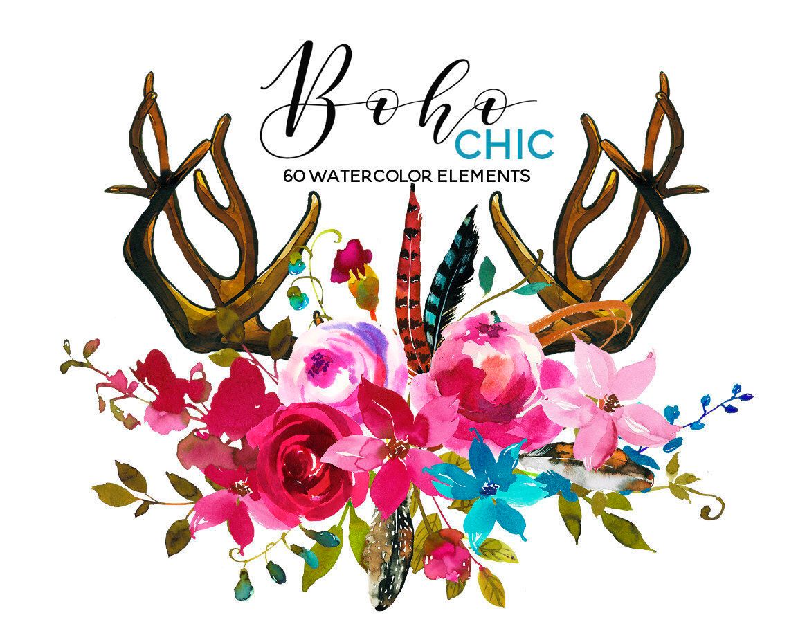 1140x912 Watercolor Boho Clipart Pink Blue Flowers Deer Scull Horns Antlers