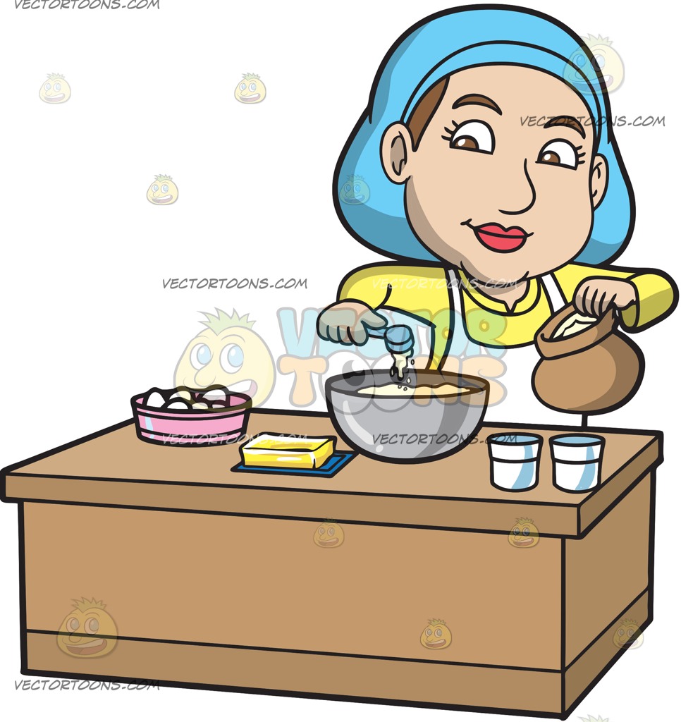 966x1024 A Woman Adding Flour Into The Cake Mix Cartoon Clipart Vector Toons