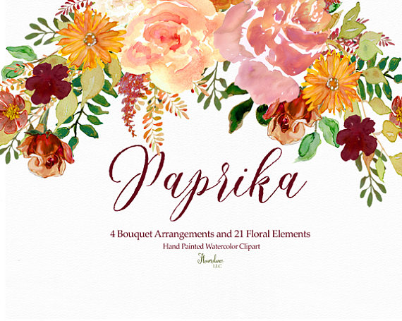 570x455 Paprika Watercolor Clipart Bouquet Elements Flowers Roses