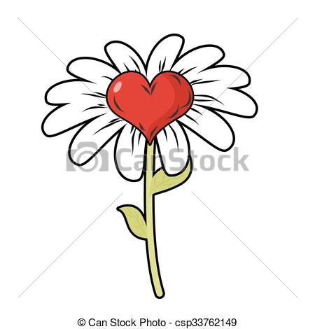 450x470 Flower Of Love. Red Heart Symbol Of Love And Daisy Petals . Eps