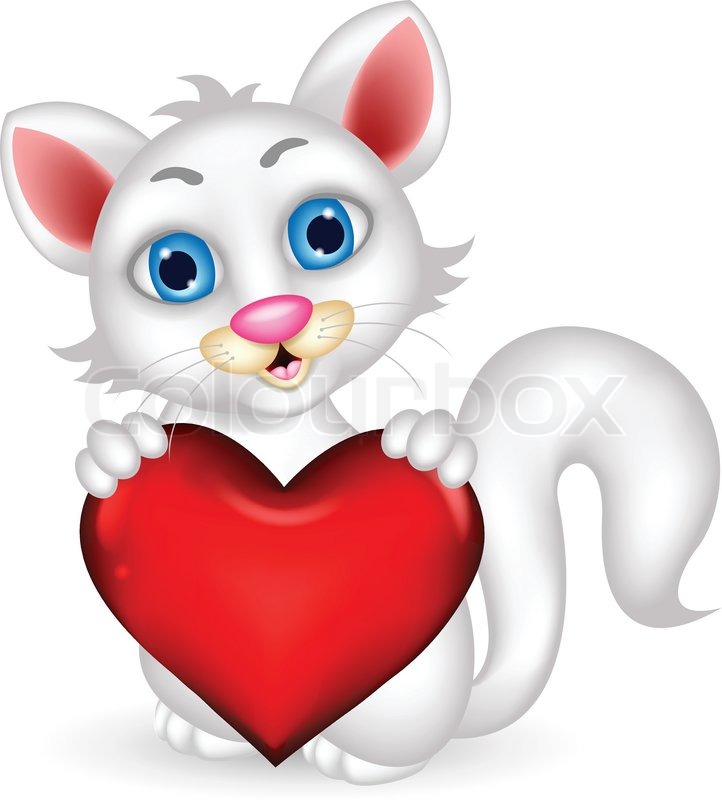 722x800 Cute Fluffy White Cat Holding Heart Love Stock Vector Colourbox